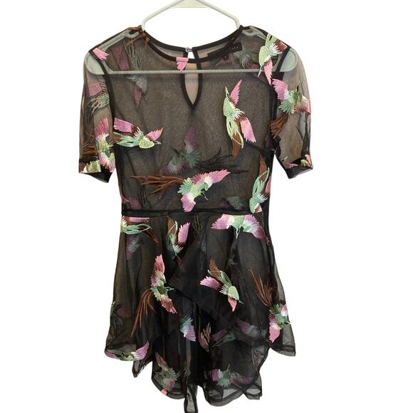 Endless Rose Black Sheer Tunic Length Bird Embroidered Overlay Blouse Small - Picture 1 of 10